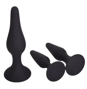 The Adamloven Booty Anal Plug Training Kit-2 includes three black silicone anal plugs of different sizes, each with a flared base and smooth, tapered design for safe and comfortable use.