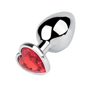 The Adamloven Red Hearts Gem Anal Plug is a shiny, silver plug with a heart-shaped base adorned by a red gem—an elegant choice for those starting an anal plug training kit.