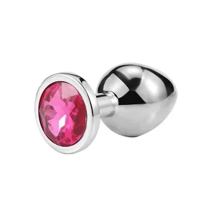 The Adamloven gem anal plug is a metallic, teardrop-shaped anal toy featuring a flat circular end decorated with a faceted pink gemstone.