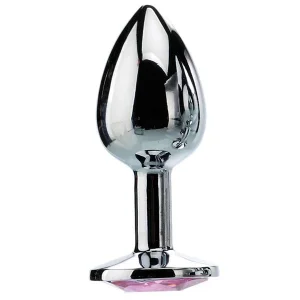 The Adamloven Gem Anal Plug-3 is a shiny metal anal toy with a tapered tip and flared base, adorned with a pink jewel-like accent for an elegant touch to your collection.