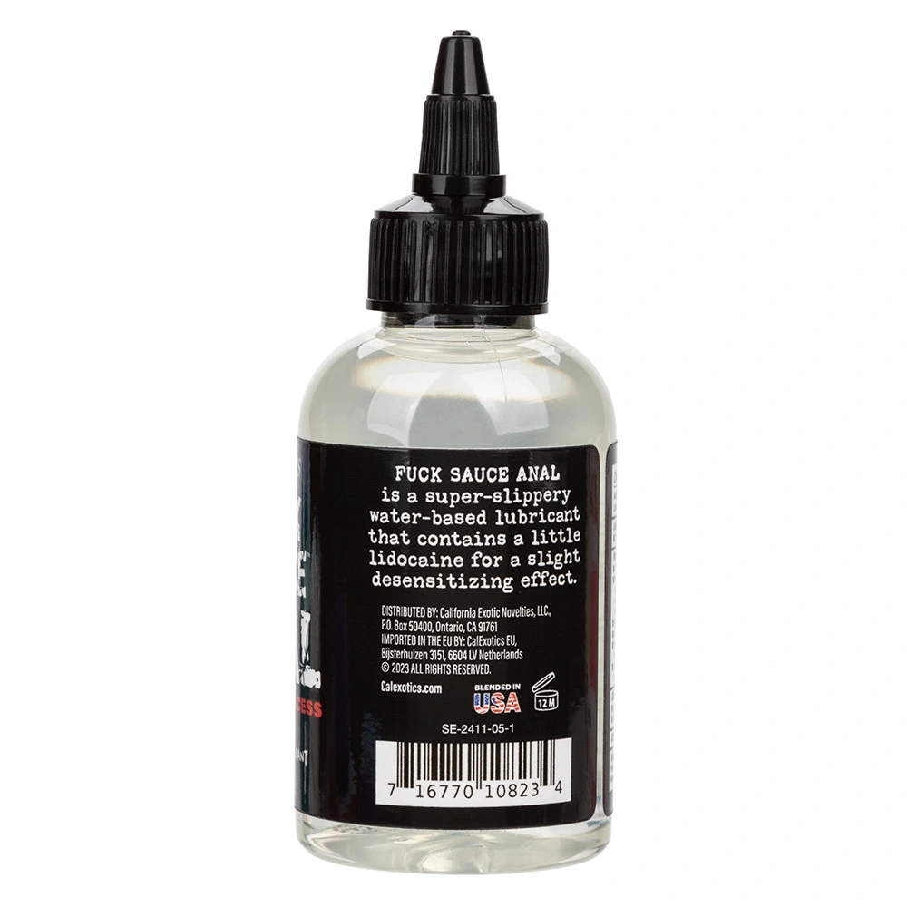 Back label of Fuck Sauce anal numbing lubricant with lidocaine by CalExotics