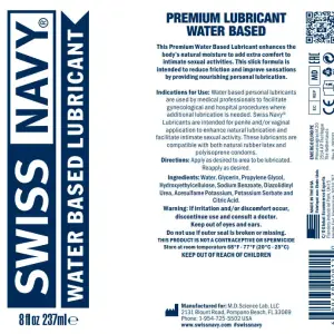 Back label of Swiss Navy water based lubricant 4 fl oz MD-SNWL4