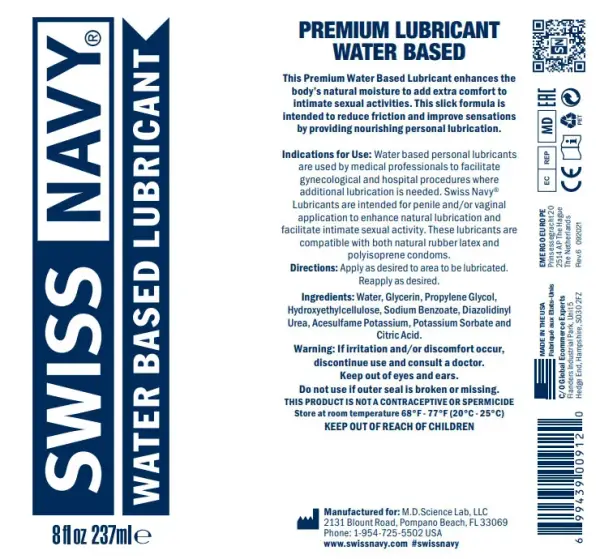 Back label of Swiss Navy water based lubricant 4 fl oz MD-SNWL4