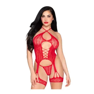 2pc Heart Net Halter Cami and G-String Panty - Os - Red sexy lingerie panties - main product image