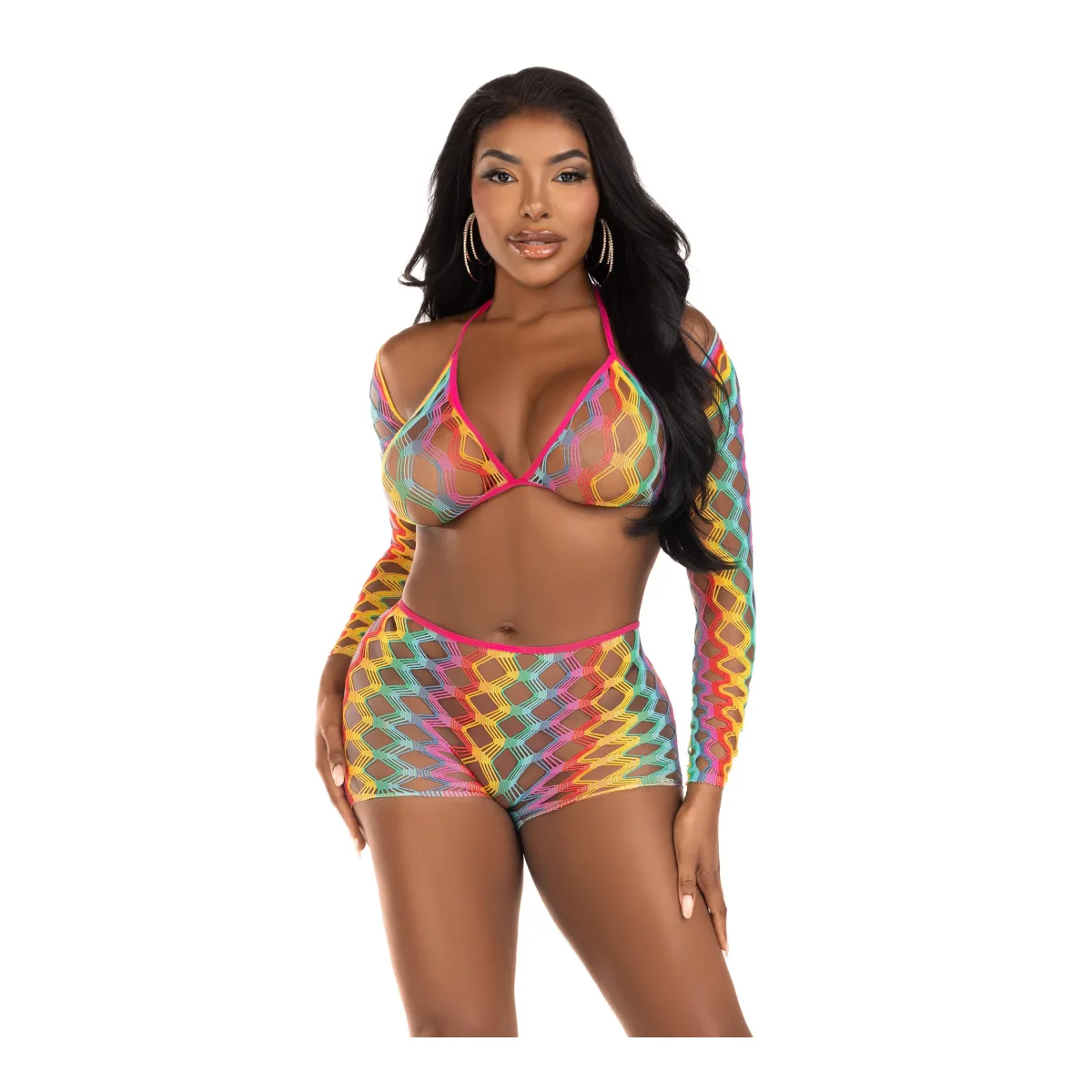3 Pc Net Bra Top With Shrug and Boy Shorts - One Size - Multicolor lingerie set - main product image