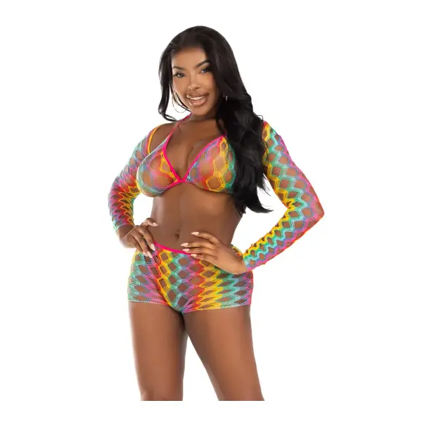 3 Pc Net Bra Top With Shrug and Boy Shorts - One Size - Multicolor lingerie set - alternate product image