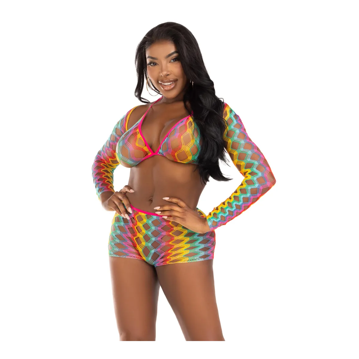 3 Pc Net Bra Top With Shrug and Boy Shorts - One Size - Multicolor lingerie set - alternate product image