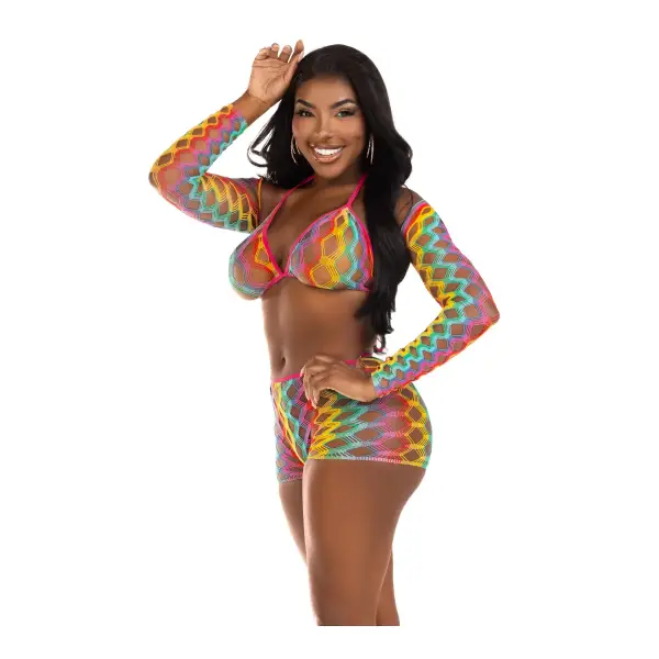 3 Pc Net Bra Top With Shrug and Boy Shorts - One Size - Multicolor lingerie set - alternate product image