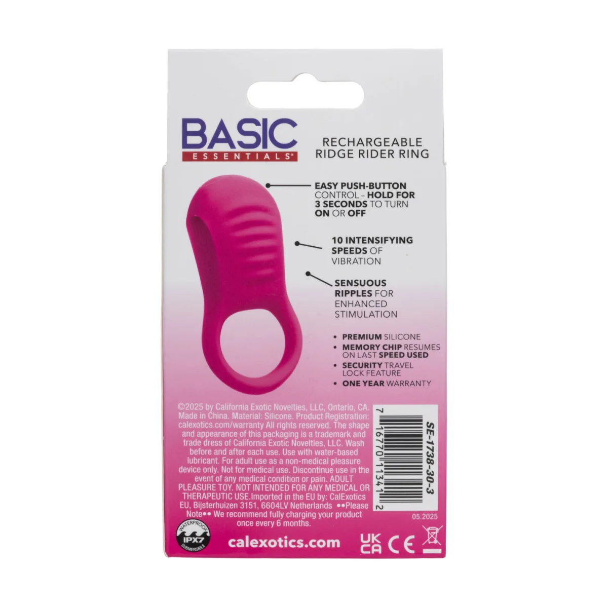 Basic Essentials Rechargeable Ridge Rider Ring - Pink - rechargeable vibrating cock ring - main product image