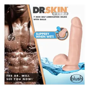 Dr. Skin Glide - 7 Inch Self Lubricating Dildo With Balls - Vanilla - harness compatible dildo - product image 4