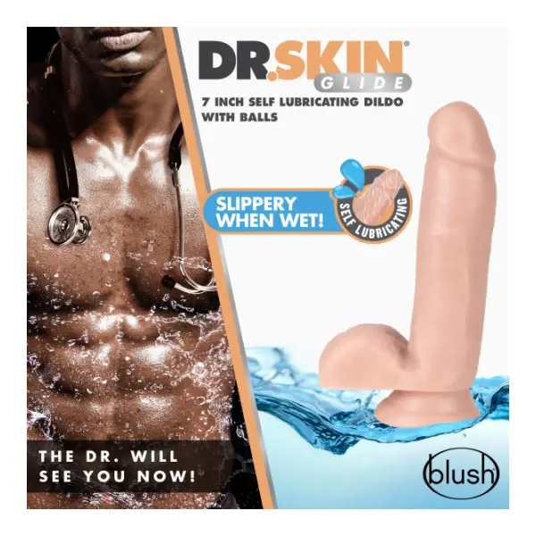 Dr. Skin Glide - 7 Inch Self Lubricating Dildo With Balls - Vanilla - harness compatible dildo - product image 4