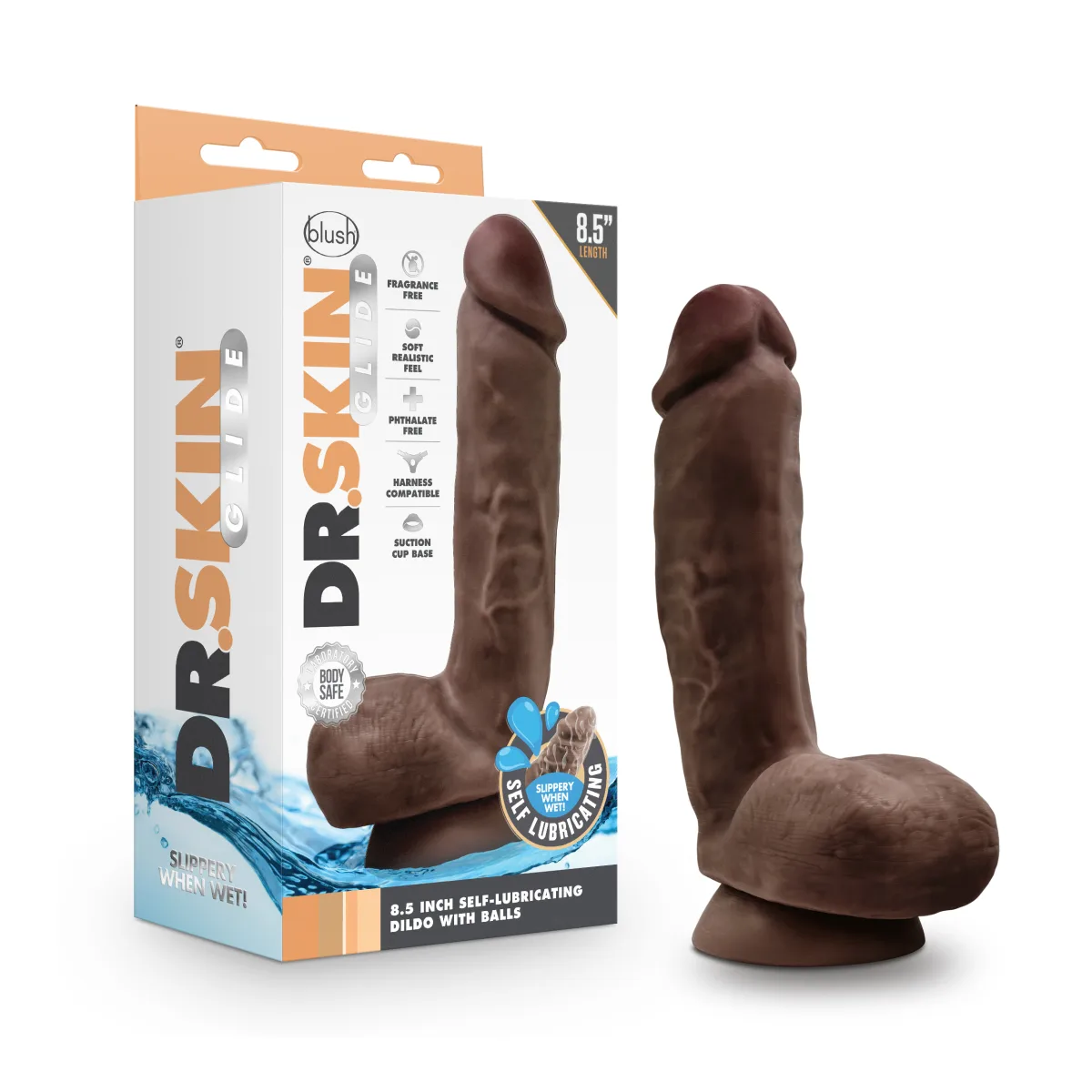 Dr. Skin Glide - 8.5 Inch Self Lubricating Dildo Lubricating Dildo With Balls - Chocolate dildo with balls - product image 2