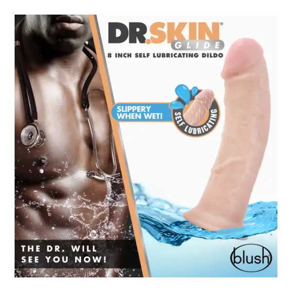Dr. Skin Glide - 8 Inch Self Lubricating Dildo - Vanilla 3 Dr. Skin Glide - 8 Inch Self Lubricating Dildo - Vanilla - harness compatible dildo - product image 4