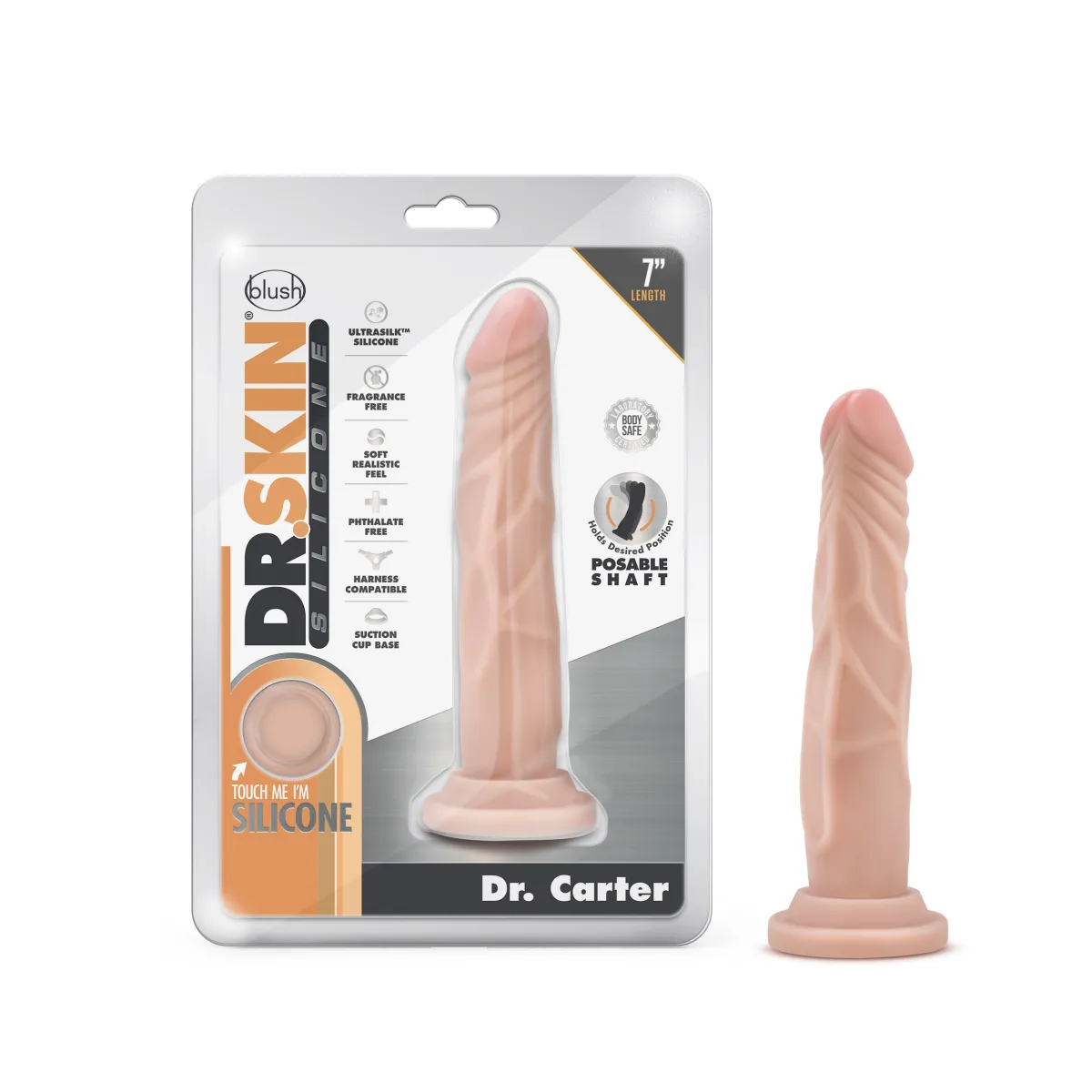 Dr. Skin Silicone - Dr. Carter - 7 Inch Dong With Suction Cup - Vanilla - harness compatible dildo - product image 2