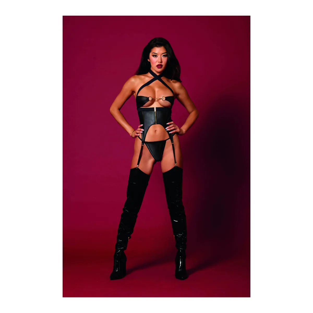 Fetish Bustier and G-String Dmnd - One Size - Black corset lingerie - main product image