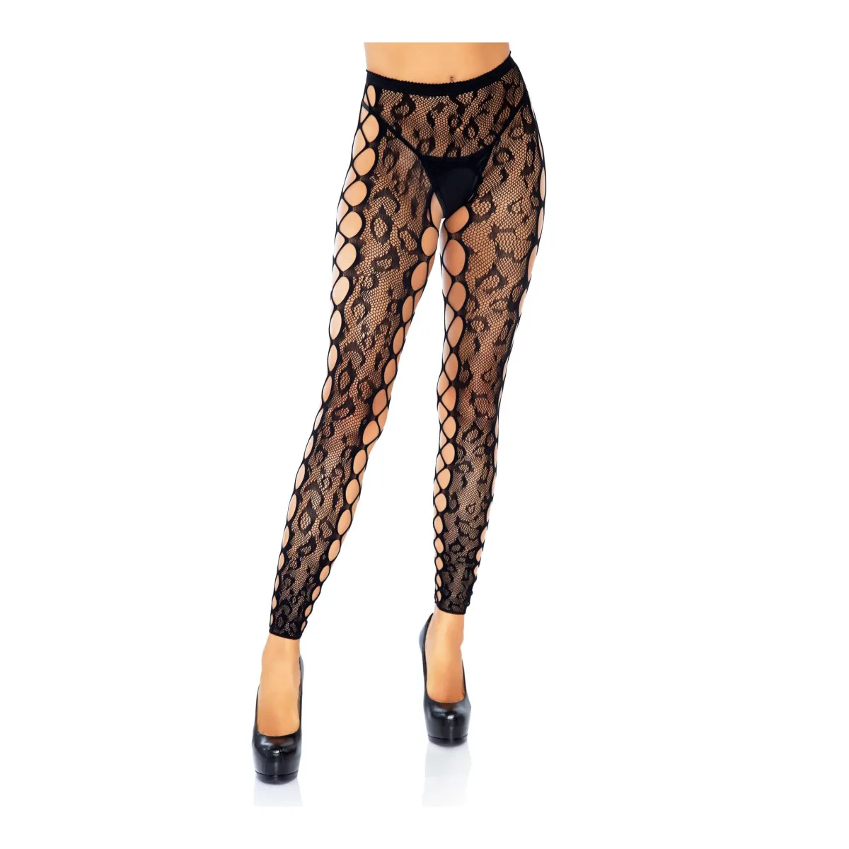 Footless Leopard Lace Crotchless Tights - Black crotchless lingerie - alternate product image