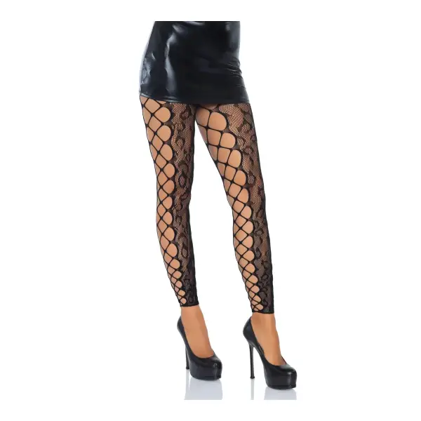 Footless Leopard Lace Crotchless Tights - Black crotchless lingerie - alternate product image
