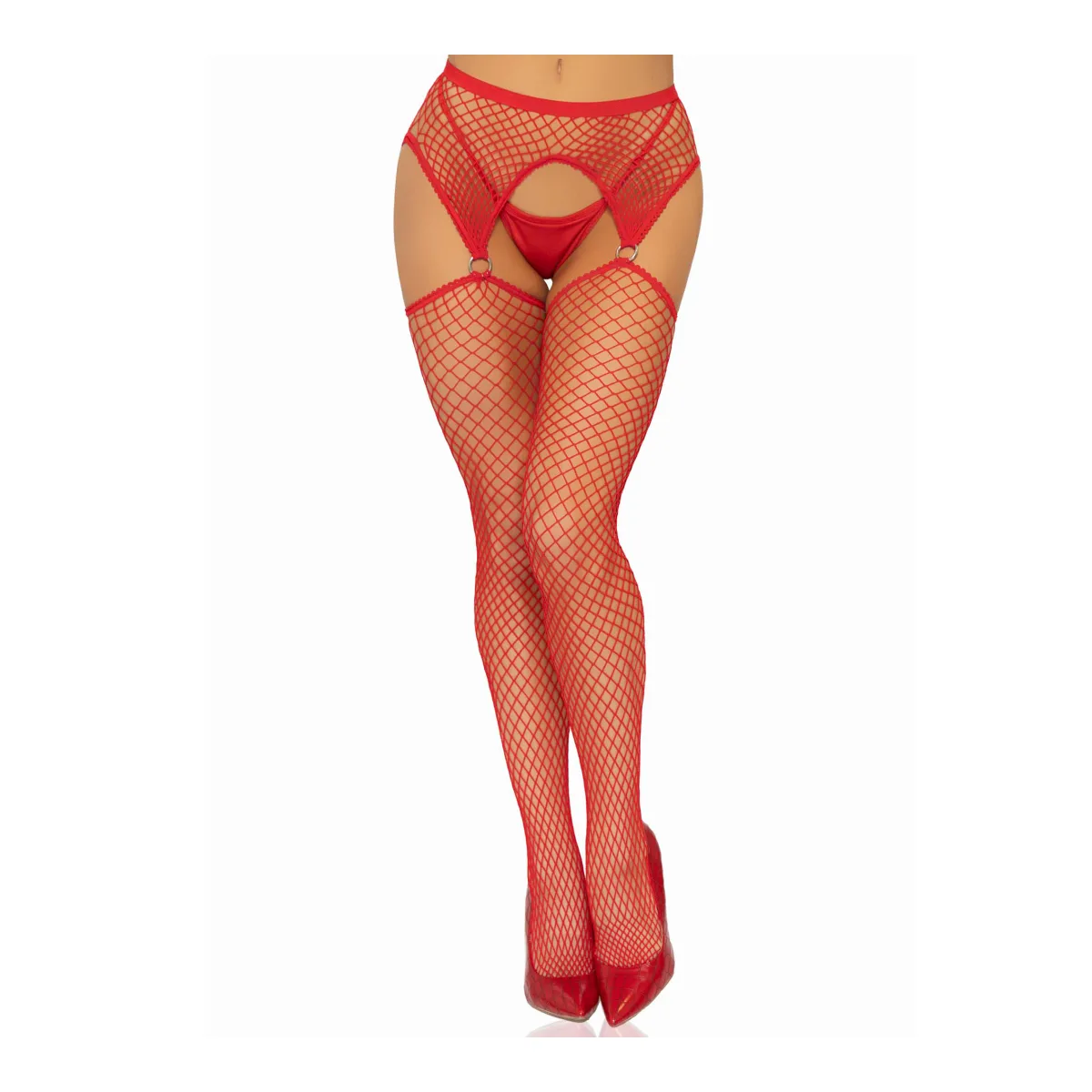 Industrial Net Stocking With O-Ring and Attached Garter Belt - One Size - Red sexy lingerie - main product image