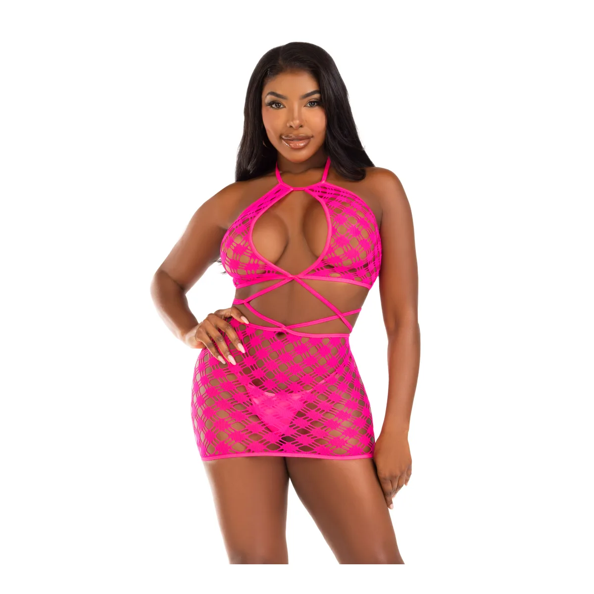 Keyhole Halter Hardcore Net Mini Dress - One Size - Neon Pink sexy lingerie dress - main product image