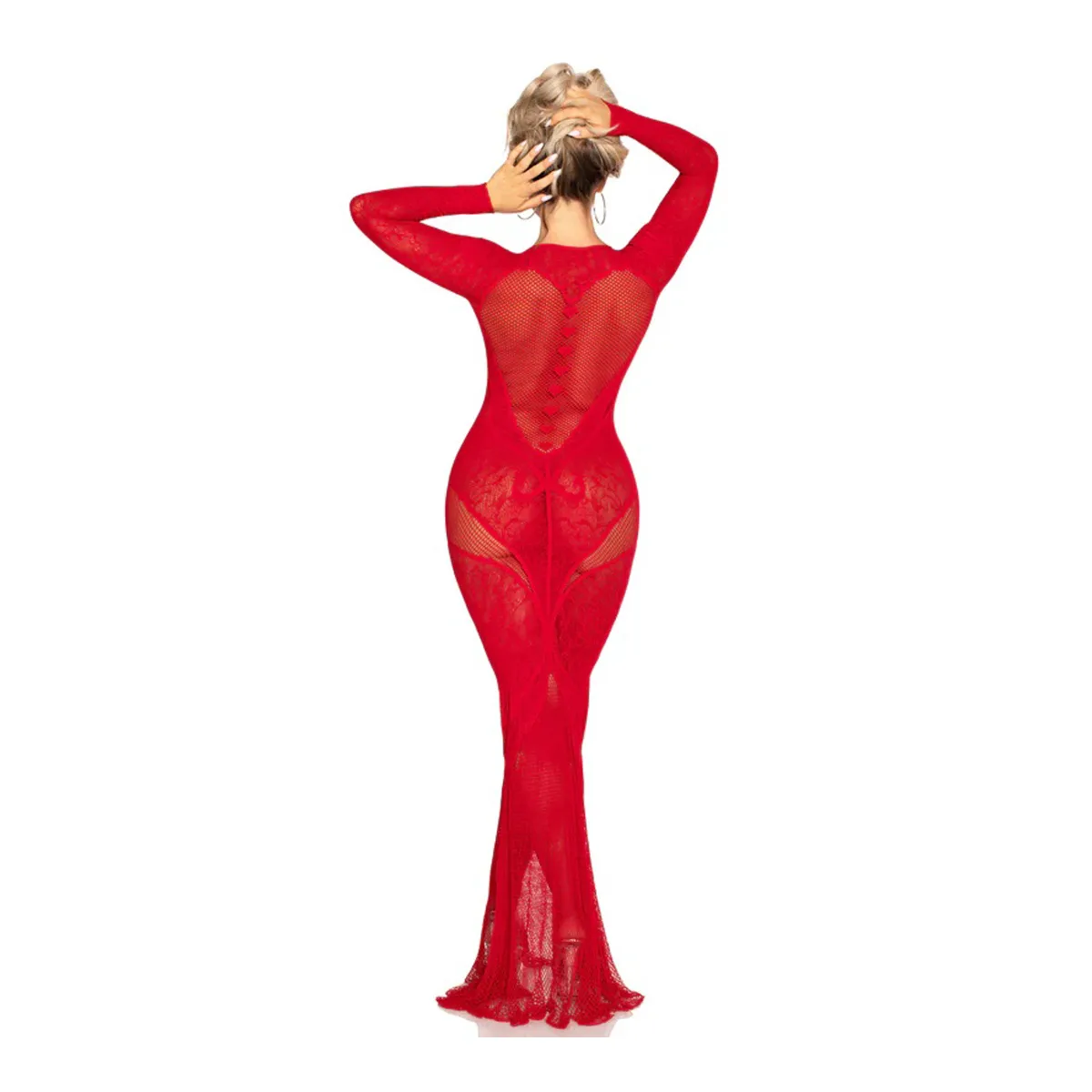 Red Lace and Net Body Con Gown - With Heart Keyhole Detail - Os sexy lingerie gown - alternate product image