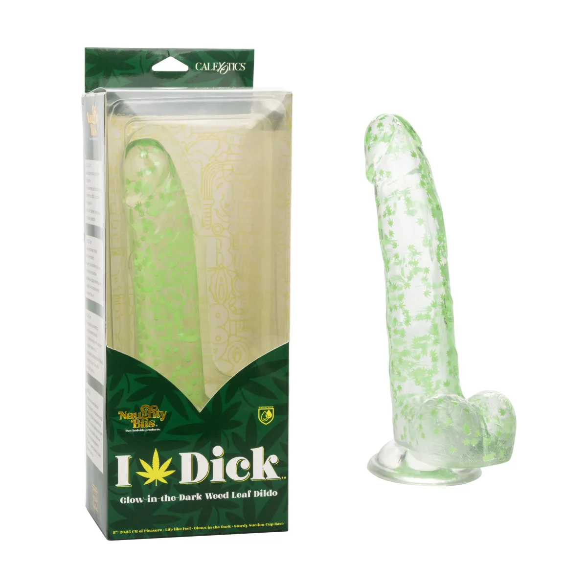 Naughty Bits I Leaf Dick Glow-in-the-Dark Weed Leaf Dildo - Glow in the Dark - harness compatible dildo - main product image