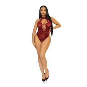 Net and Lace Keyhole Halter Bodysuit - One Size - Burgundy teddy lingerie - alternate product image