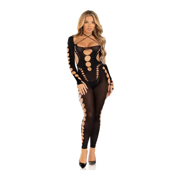 Opaque Cut Out Footless Bodystocking - One Size - Black bodystocking - alternate product image