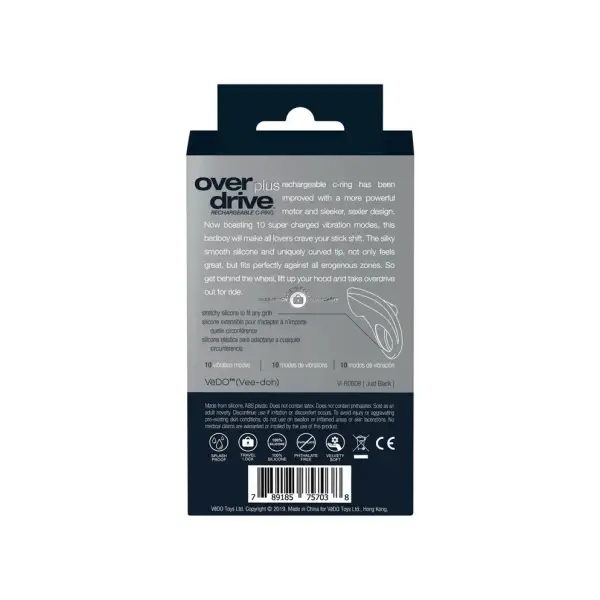 Overdrive Plus Rechargeable Cock Ring - Black - black vibrating cock ring - product image 4
