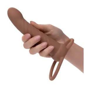 Performance Maxx Rechargeable Ribbed Dual Penetrator - Brown penis sleeve with vibrator - main image