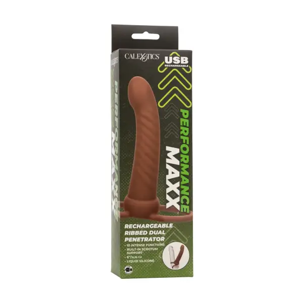 Performance Maxx Rechargeable Ribbed Dual Penetrator - Brown 2 Performance Maxx Rechargeable Ribbed Dual Penetrator - Brown penis sleeve with vibrator - product detail