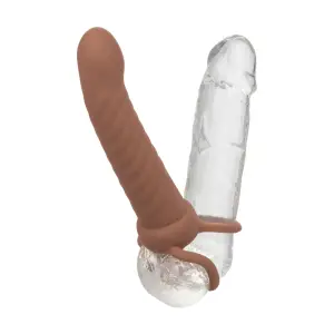 Performance Maxx Rechargeable Ribbed Dual Penetrator - Brown 11 Performance Maxx Rechargeable Ribbed Dual Penetrator - Brown penis sleeve with vibrator - additional view