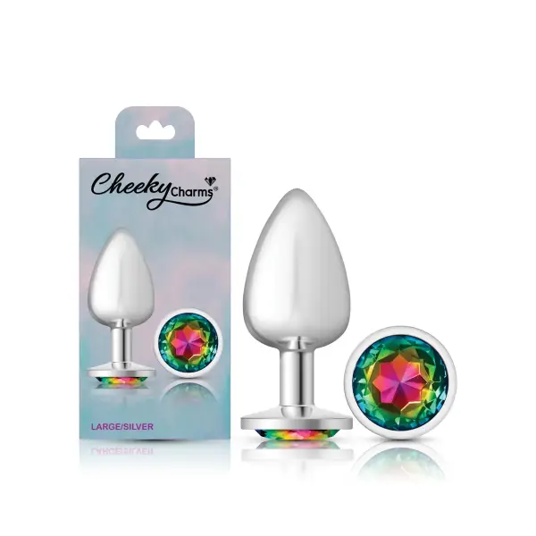 Rainbow Round Gem Silver Metal Plug - Lg cock ring anal plug - additional view