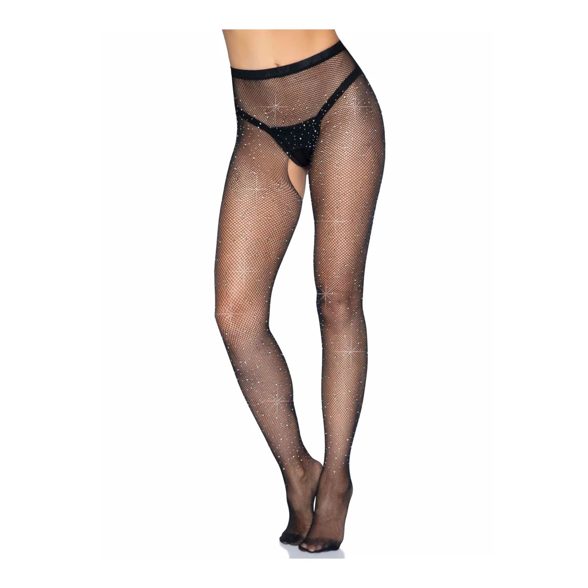 Rhinestone Fishnet Crotchless Tights - One Size - Black crotchless lingerie - main product image