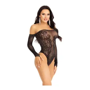 Rhinestone Net and Lace Teddy - One Size - Black teddy lingerie - main product image