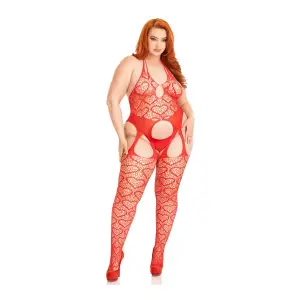 Seamless Heart Net Suspender Bodystocking - 1x/2x - Red bodystocking - alternate product image