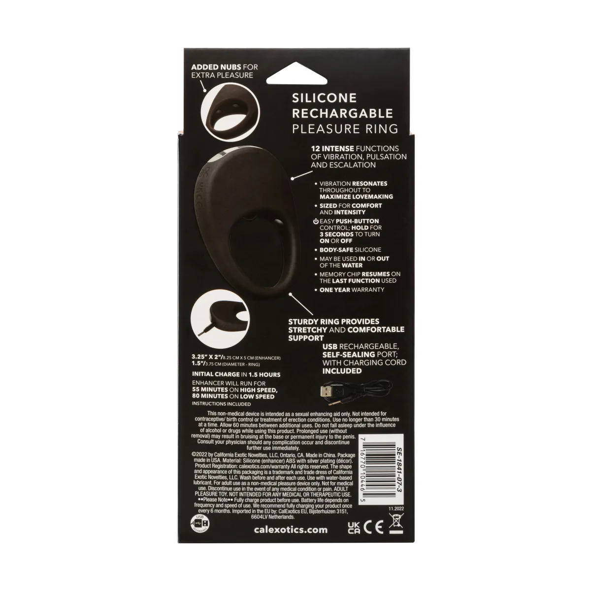 Silicone Rechargeable Pleasure Ring - Black - Black cock ring toy - alternate angle