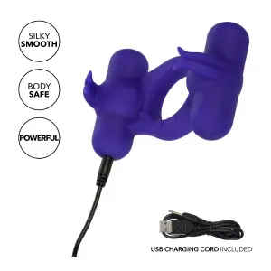 Silicone Rechargeable Triple Orgasm Enhancer - Purple stretchy cock ring - alternate angle