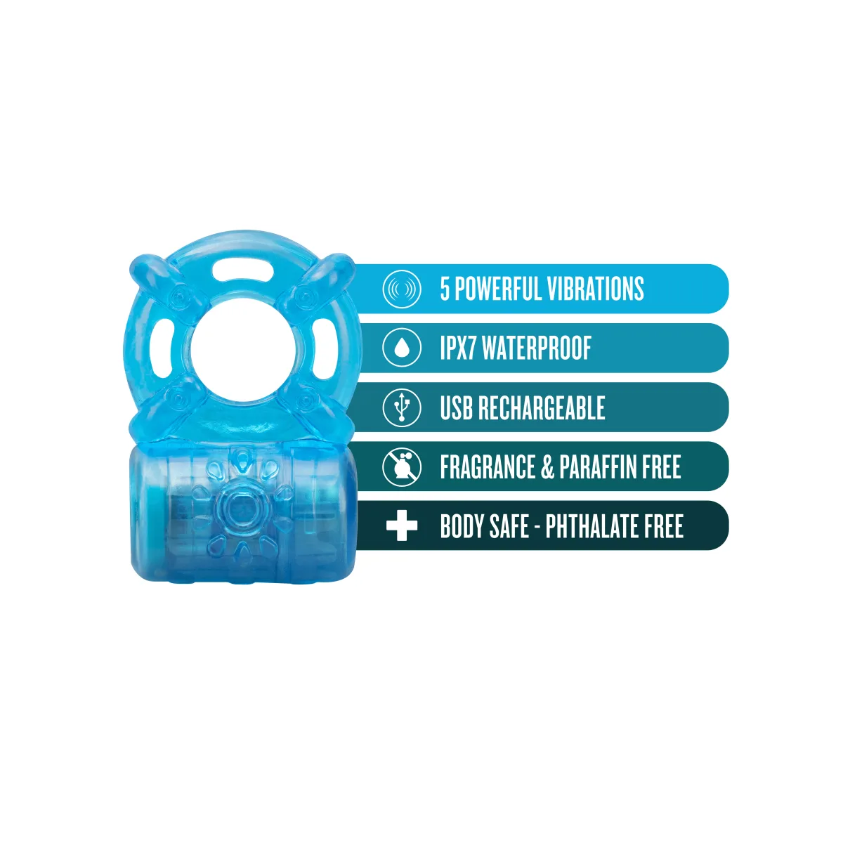 Stay Hard - Rechargeable 5 Function Cock Ring - Blue - blue vibrating cock ring - main product image