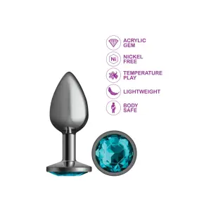 Teal Round Gem Gunmetal Metal Plug - Lg 10 Teal Round Gem Gunmetal Metal Plug - Lg teal round gem metal butt plug - additional view