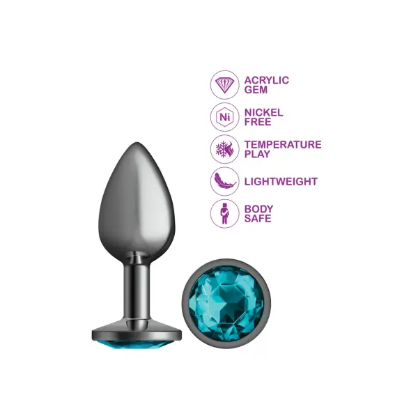 Teal Round Gem Gunmetal Metal Plug - Lg 4 Teal Round Gem Gunmetal Metal Plug - Lg teal round gem metal butt plug - additional view