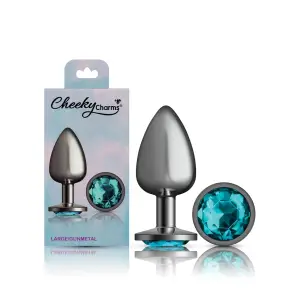 Teal Round Gem Gunmetal Metal Plug - Lg 11 Teal Round Gem Gunmetal Metal Plug - Lg teal round gem metal butt plug - additional view