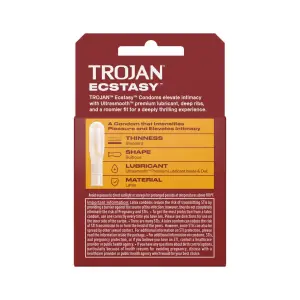 Trojan Ultra Ribbed Ecstasy - 3 Pack water based lube and condoms - alternate angle