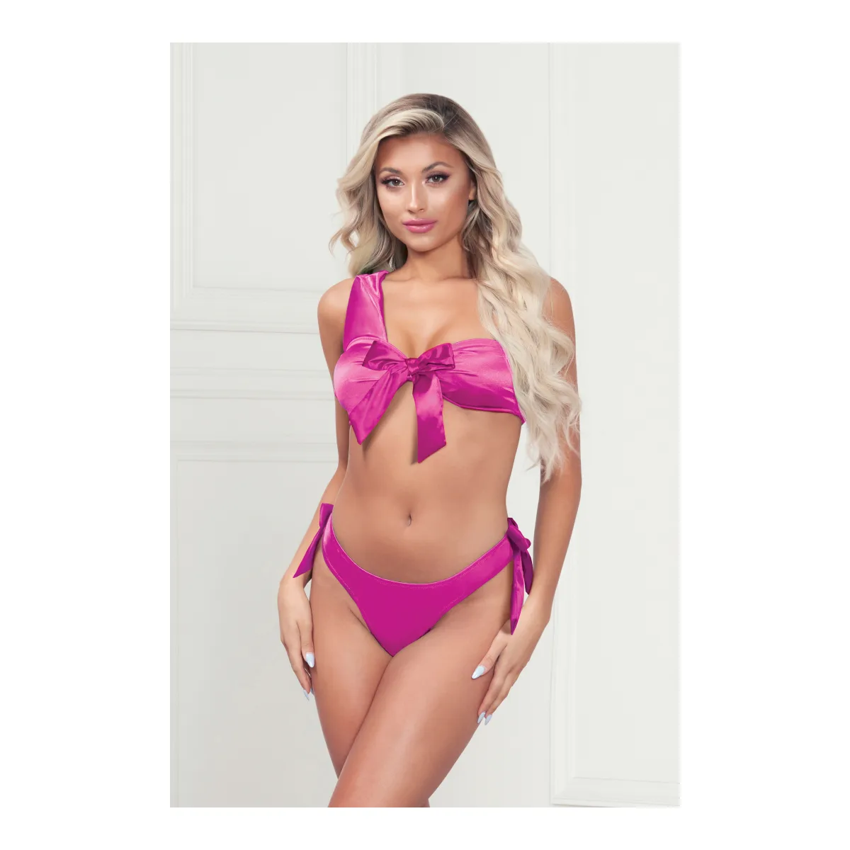 Two Piece Bra Set - Satin Bra With Assymetrical Shoulder Strap, Satin Ribbon Bows, and Thong - One Size - Fuchsia lingerie sets - alternate product image