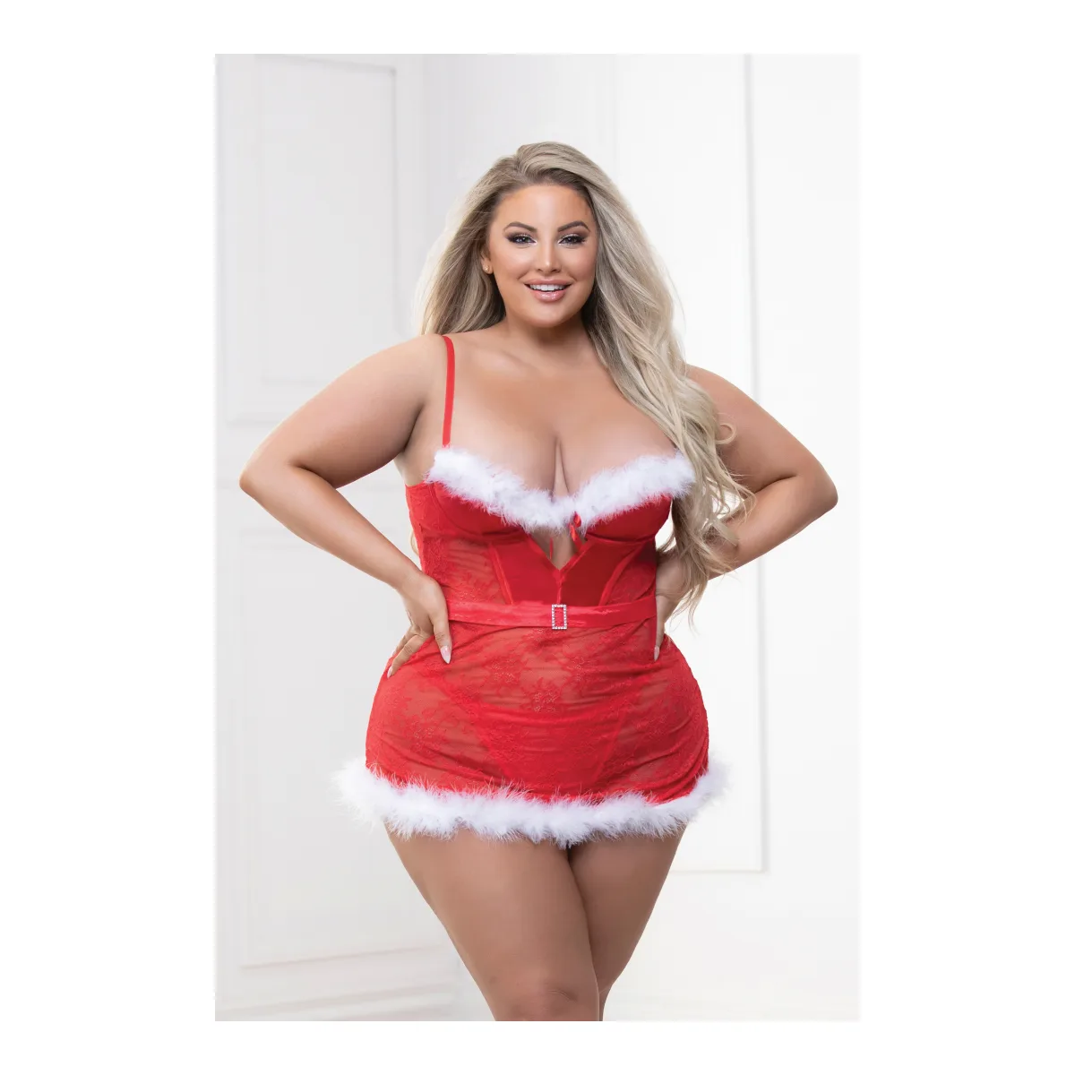 Two Piece Lace and Stretch Satin Chemise With Marabou Trim and G-String Set - 3x/4x - Red chemise lingerie - main product image