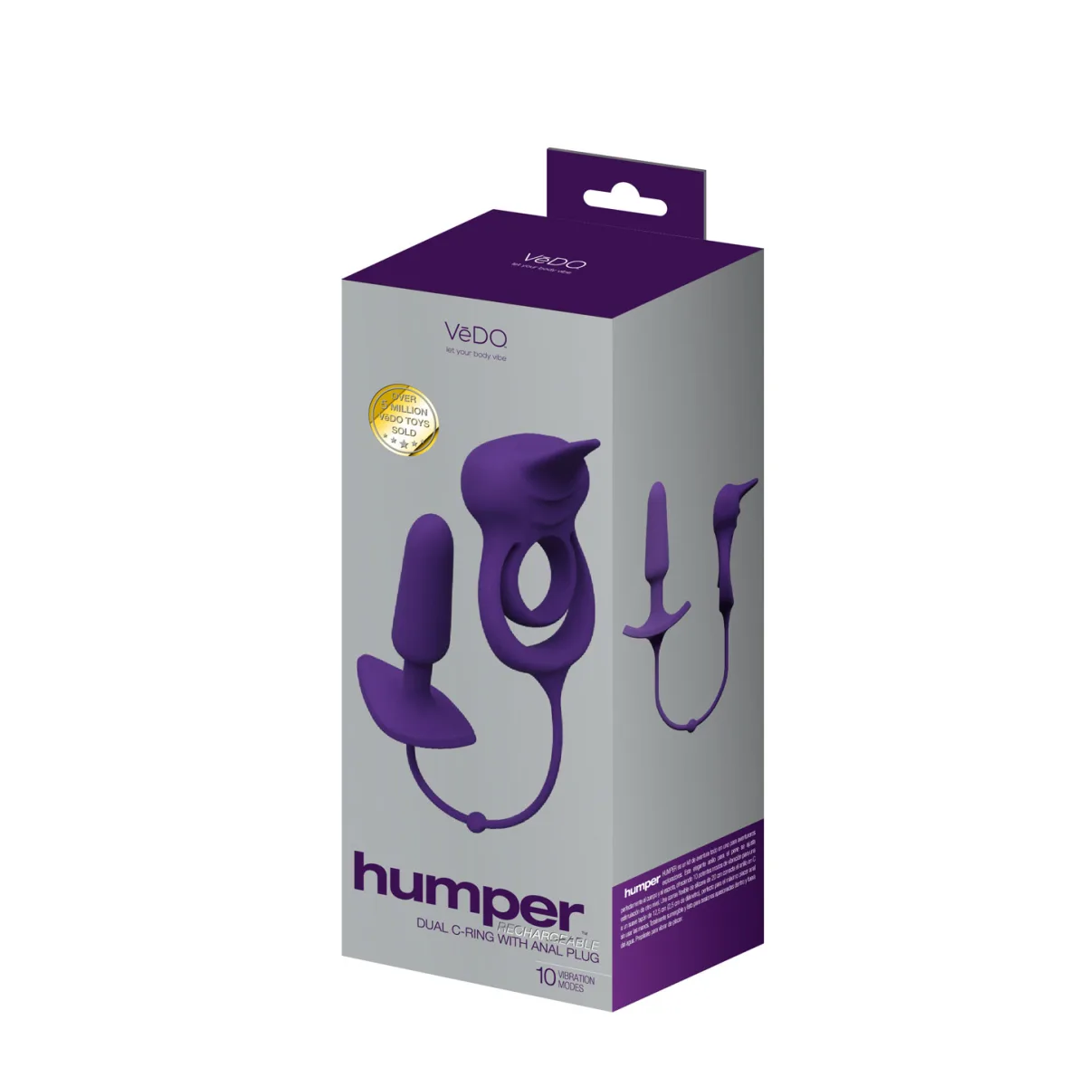 Humper Rechargeable Dual C-Ring With Anal Plug - Purple - vibrating cock ring - main product image